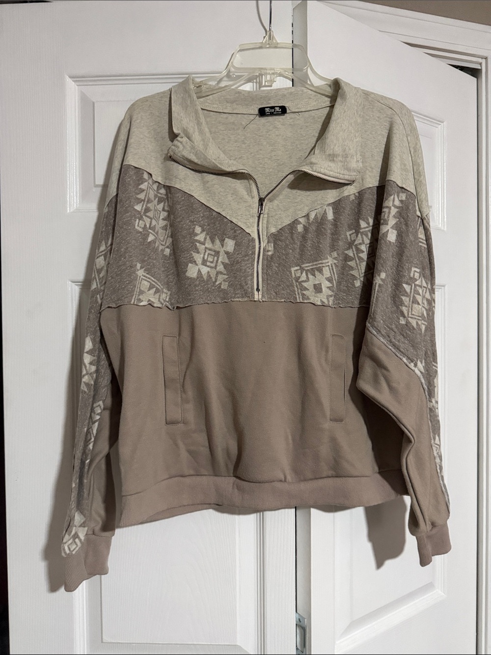 Miss Me Beige & Cream Cowl Half-Zip Pullover